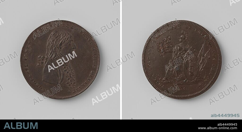Napoleon Bonaparte, General of the French Army in Italy, Bronze Medal. Front: man's bust inside the inside. Reverse: helmeted woman with oak branch in hands sitting next to pile of military equipment and coat of arms within an inscription, Italy, Napoleon I Bonaparte (French Emperor), anonymous, France, 1796, bronze (metal), striking (metalworking), d 3.3 cm × w 23.14 gr.