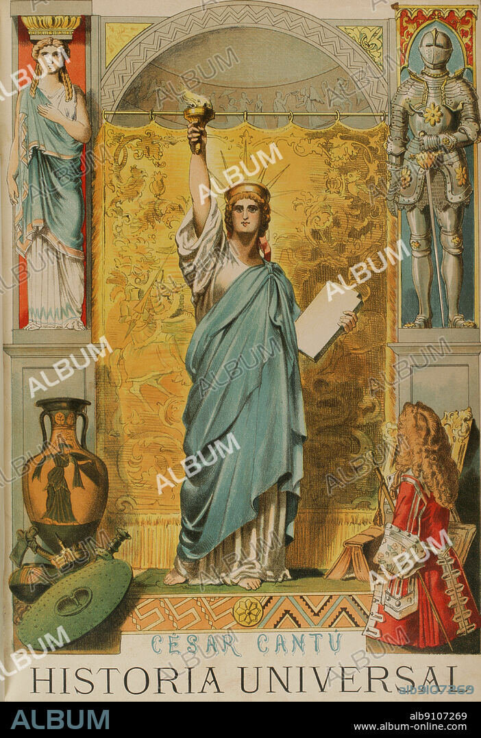 "Historia Universal", por César Cantú. Tomo I, 1881. Publicado en Barcelona, Cataluña, España. Portada. Cromolitografía.