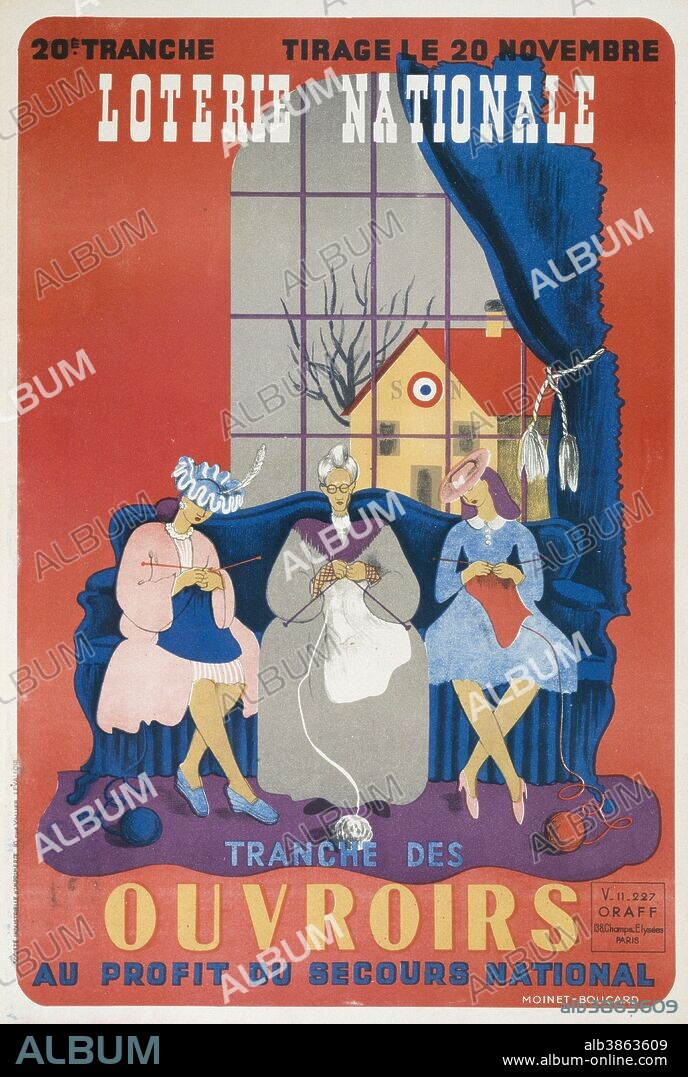 French 'National Lottery' Poster 1942. highlighting a campaign for knitting to fund care for displaced families, during World War Two and occupation of France.
