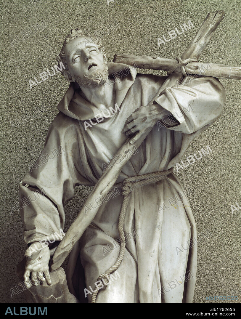 The Ecstasy of St Francis, by Giuseppe Sammartino, 1750-1799 about, 18th Century,. Italy, Campania, Naples, San Martino National Museum. Detail. Statue marble St Francis of Assisi holding the Cross mystical ecstasy half closed eyes face turned upwards carries holds the Cross shows his right hand stigmata. Authorization required for non editorial use.