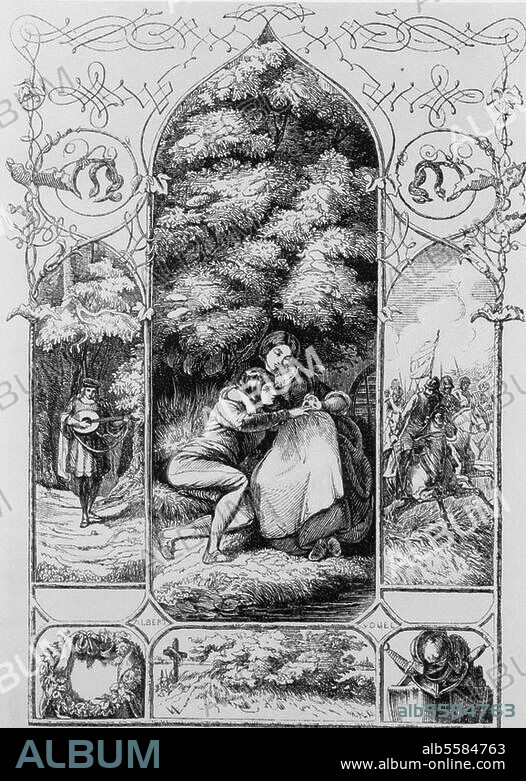 Eichendorff, Joseph Frhr. v. Dichter. 1788-1857. Werke: Das zerbrochene Ringlein (Gedicht). "Das zerbrochene Ringlein". Holzstich von Albert Vogel nach Zeichnung von Oscar Wisniewski (1819-1899). Aus: Karl Steffens (Hrsg.), Volkskalender für 1845, Berlin (M.Simion), 1845. Berlin, Sammlung Archiv für Kunst und Geschichte.