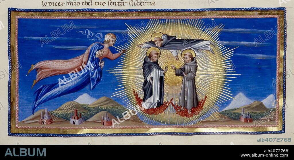 DANTE ALIGHIERI. St Thomas Aquinas and saints. Divine Comedy. Italy [Tuscany]; circa1450. [Miniature only] Paradiso, Canto XI. Dante and Beatrice hover beside the Heaven of the Sun in which are St.Thomas Aquinas, who presents St. Dominic and St. Francis, the founders of the two great mendicant orders  Image taken from Divine Comedy.  Originally published/produced in Italy [Tuscany]; circa1450. . Source: Yates Thompson 36, f.148. Language: Italian.