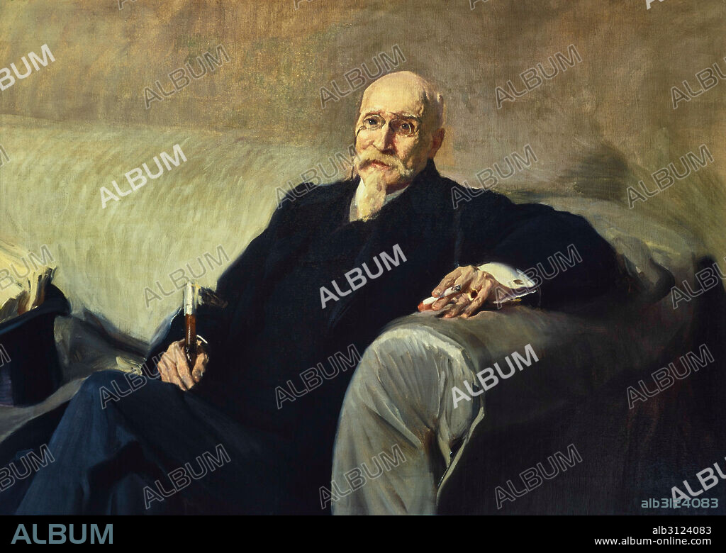 JOAQUIN SOROLLA. Retrato de José Echegaray (1832-1916).Ministro de Fomento del Gobierno Revolucionario de 1868. Ministro de Hacienda (1874). Premio Nobel de Literatura en 1904.