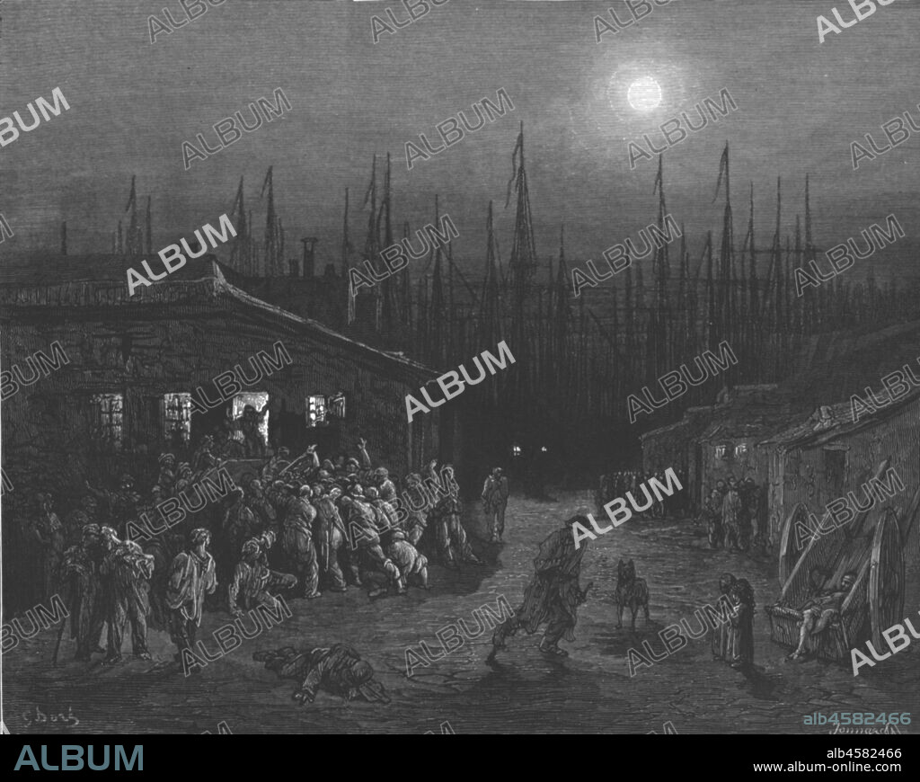 PAUL GUSTAVE DORÉ. 'The Docks-Night Scene', 1872. Night scene outside a public house in Surrey Docks, South East London From, "LONDON. A Pilgrimage" by Gustave Dore and Blanchard Jerrold. [Grant and Co., 72-78, Turnmill Street, E.C., 1872].