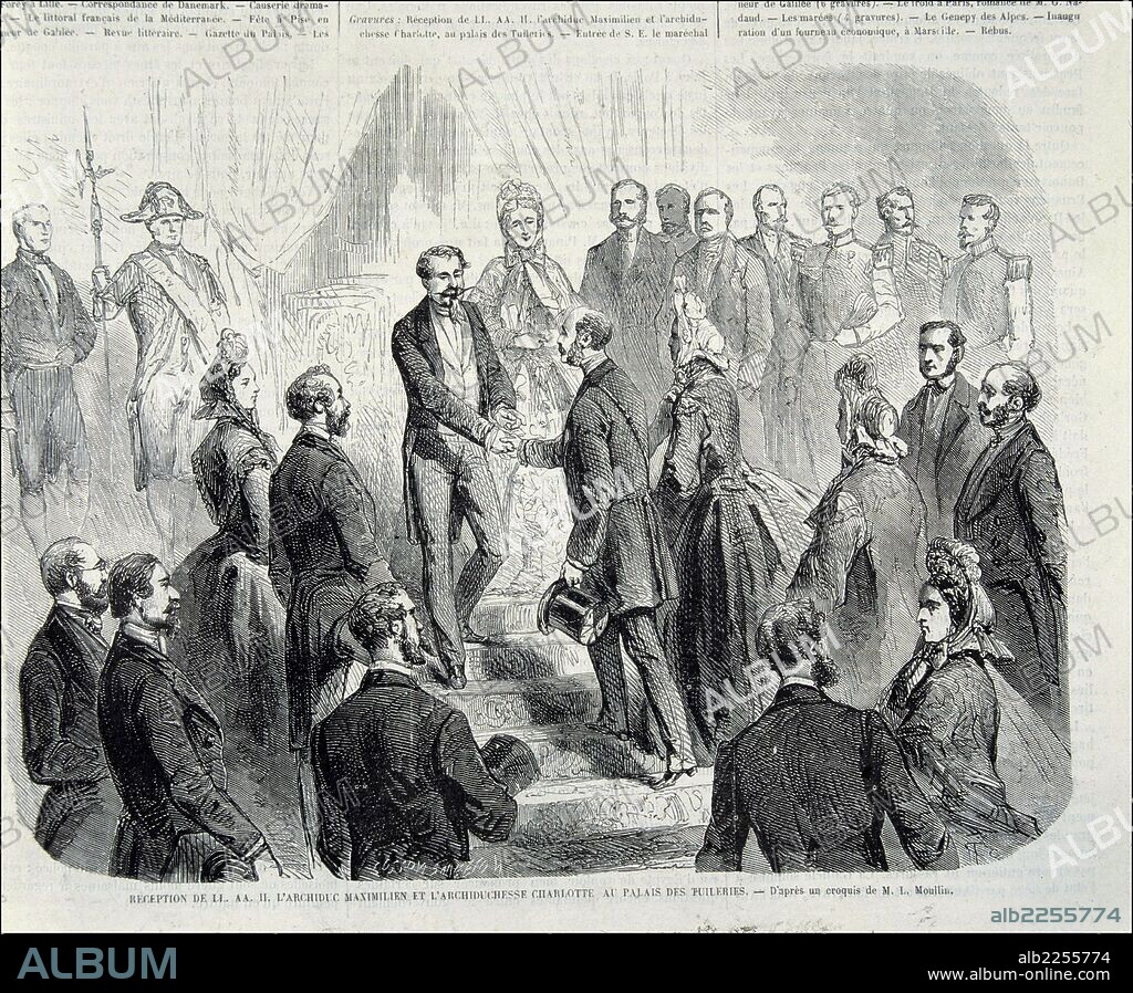 MAXIMILIANO I. EMPERADOR DE MEXICO. 1832 - 1867. RECEPCION EN EL PALACIO DE LAS TULLERIAS DE PARIS , AÑO 1864. GRABADO L'ILLUSTRATION.