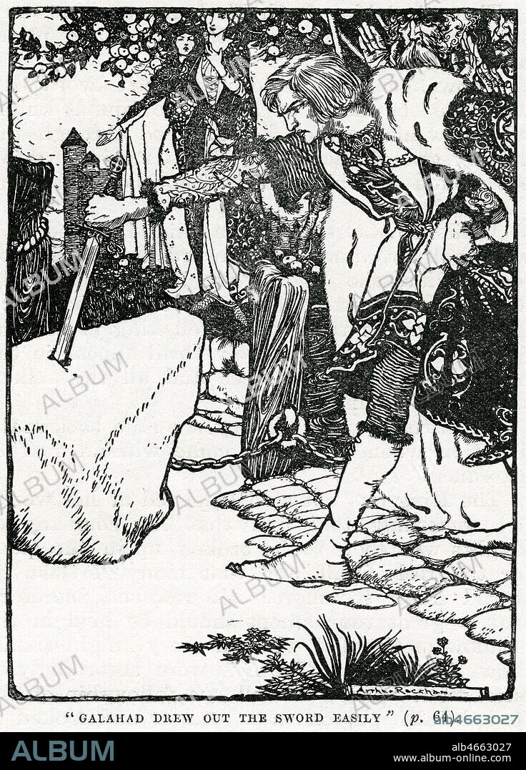 Galahad retira l'epee facilement. Illustration de 1906 par Arthur RACKHAM (1867-1939) pour Stories of King Arthur. Credit : Coll. Jonas/KHARBINE-TAPABOR.