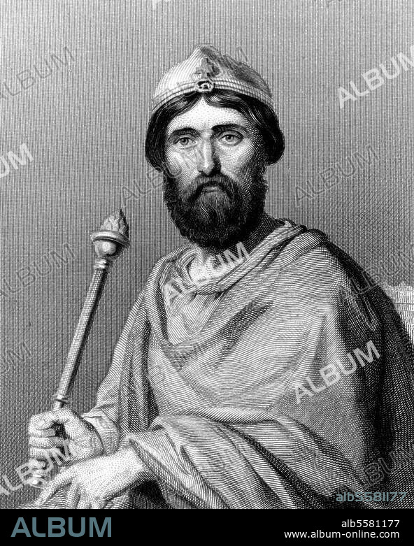 Ludwig IV., der Überseeische (d'Outremer); König von Frankreich (936-954). 921 - Reims 10.9.954. Porträt. Stahlstich, 1845, von Jacques Étienne Pannier (1802-1869) nach Gemälde, um. 1837, von Karl von Steuben (1788-1856). Aus: Ch. Gavard, Galeries Historiques de Versailles.