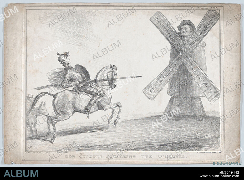 Don Quixote Attacking the Windmill. Artist: John Doyle (Irish, Dublin 1797-1868 London). Dimensions: Sheet: 11 5/8 × 17 5/16 in. (29.5 × 44 cm). Lithographer: Alfred Ducôte (British, active 1830-40). Publisher: Thomas McLean (British, active London 1788-1885). Series/Portfolio: HB Sketches, No. 420. Subject: Daniel O'Connell (Irish, Cahirciveen, Kerry 1775-1847 Genoa); Sir Francis Burdett, 5th Baronet (British, 1770-1844). Date: December 11, 1835.