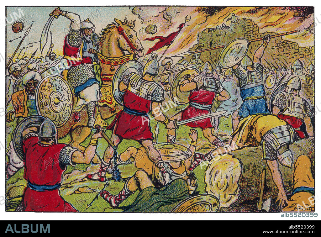 ALBERT MESTRE MORAGAS. Historia de Catalunya. Dominación árabe. Toma de Ausa (Vic) por los musulmanes a finales del siglo VIII. Cromo de Xacolata Juncosa. Año 1932.
