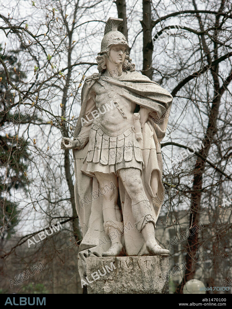 LIUVA I. Rey visigodo (567 a 569). Sucesor de Atanagildo. ESTATUA DE LIUVA EN PIEDRA, situada junto al kiosco de música del PARQUE DE LA FLORIDA. VITORIA-GASTEIZ. Provincia de Alava. País Vasco.
