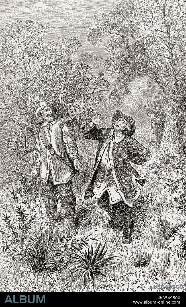 The murder of La Salle in Texas by Pierre Duhaut, March 19, 1687. René-Robert Cavelier, Sieur de La Salle, or Robert de La Salle, 1643 – 1687. French explorer. From The History of Our Country, published 1900.