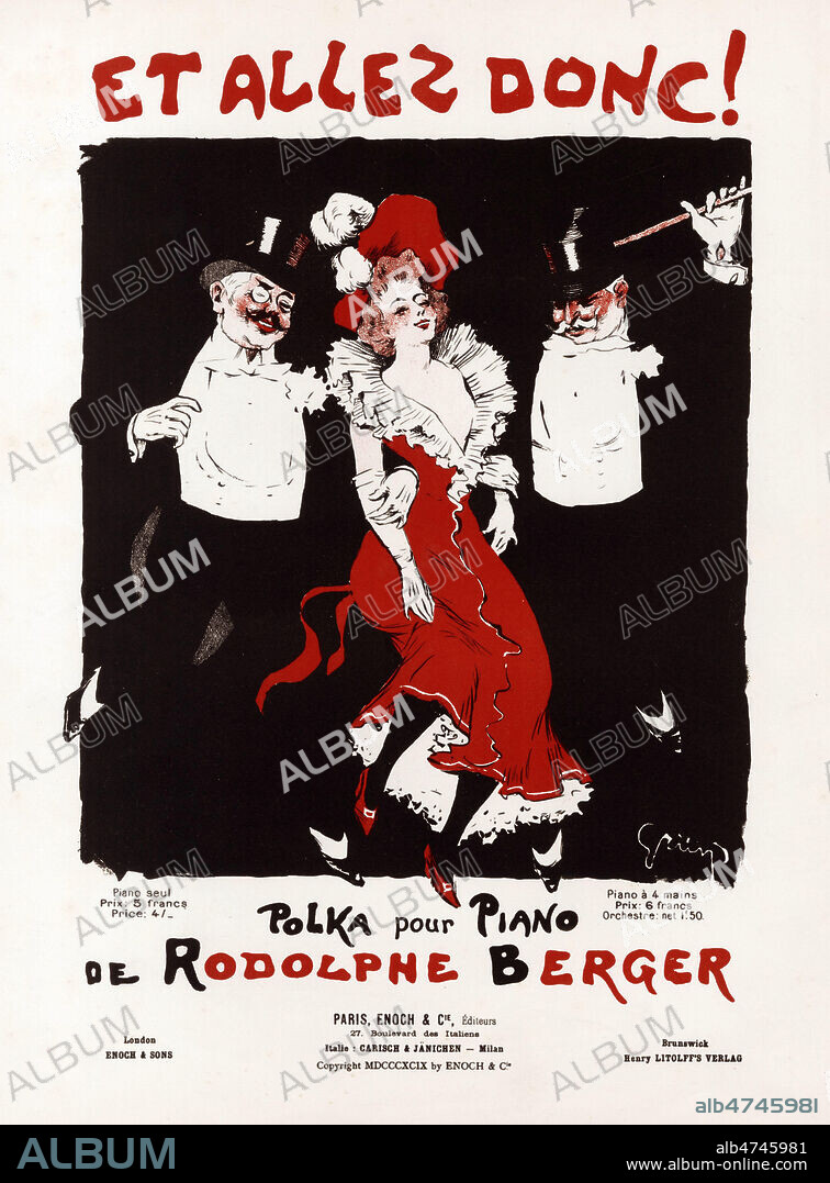 Et allez donc ! Polka. Deux hommes encadrant une femme, fin de soiree un peu debraillee; Musique de Rodolphe BERGER. Illustration de GRUN pour une couverture de partitiicale de 1899. Credit : Collection IM/Kharbine-Tapabor.