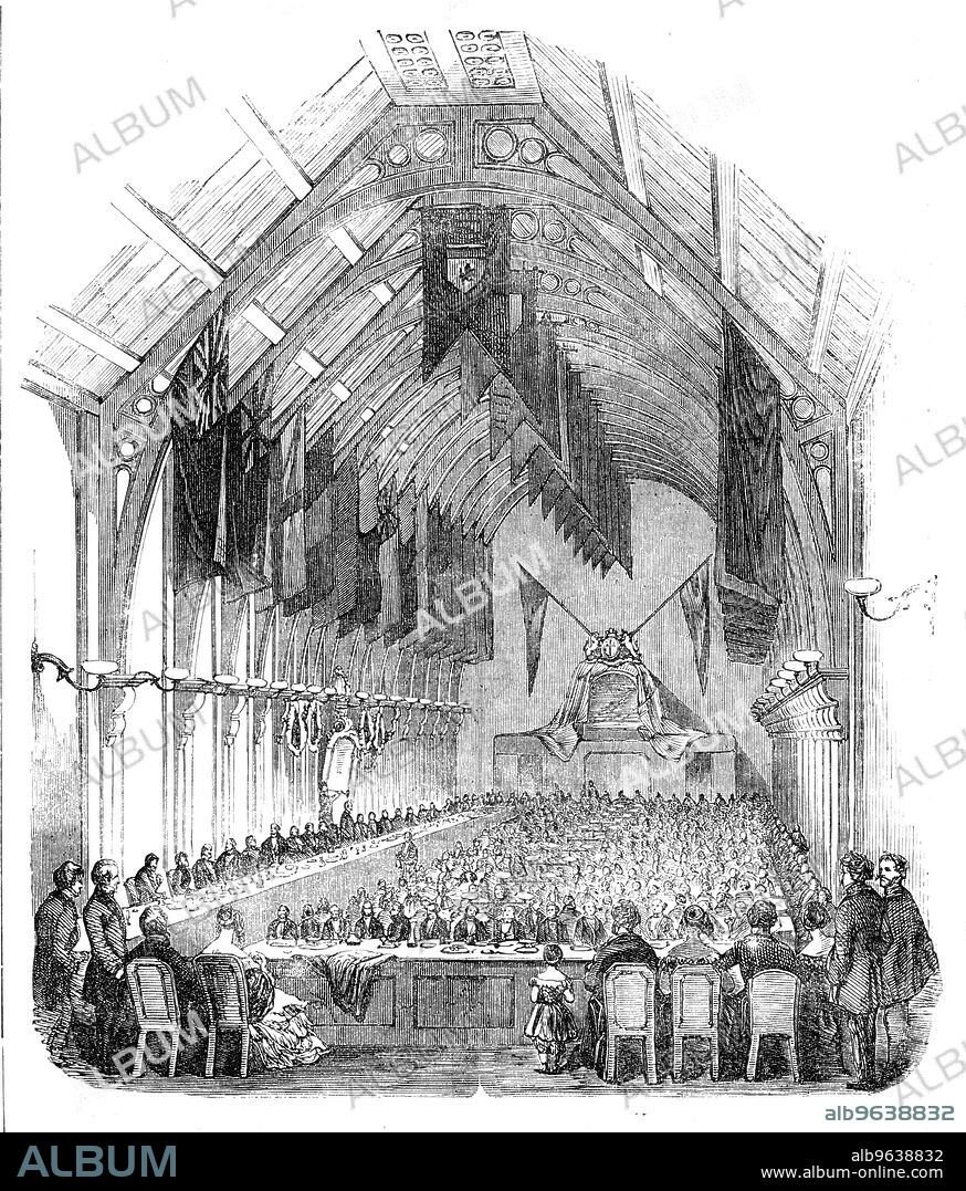 Opening of the New Corn Exchange, at Hull, 1856. 'The centre part [of the building] is the magnificent Exchange-hall, 160 feet long by 45 wide, whose roof of glass is supported by fifteen arches of wood and iron; and the entire absence of internal columns increases the grandeur of the effect...the interior of the Exchange hall has been painted by Mr. Wardale, and decorated for this occasion by Mr. Seaman. On entering by the great west door the effect was very pleasing, the interior of the roof being hung with three rows of flags and banners...On each of the side walls were bracket gas lights, with ground-glass shades, between and on each side of the fifteen pilasters and arches; while in the centre of the room, springing from each of the tables, was another double row of gas-lights'. From "Illustrated London News", 1856.