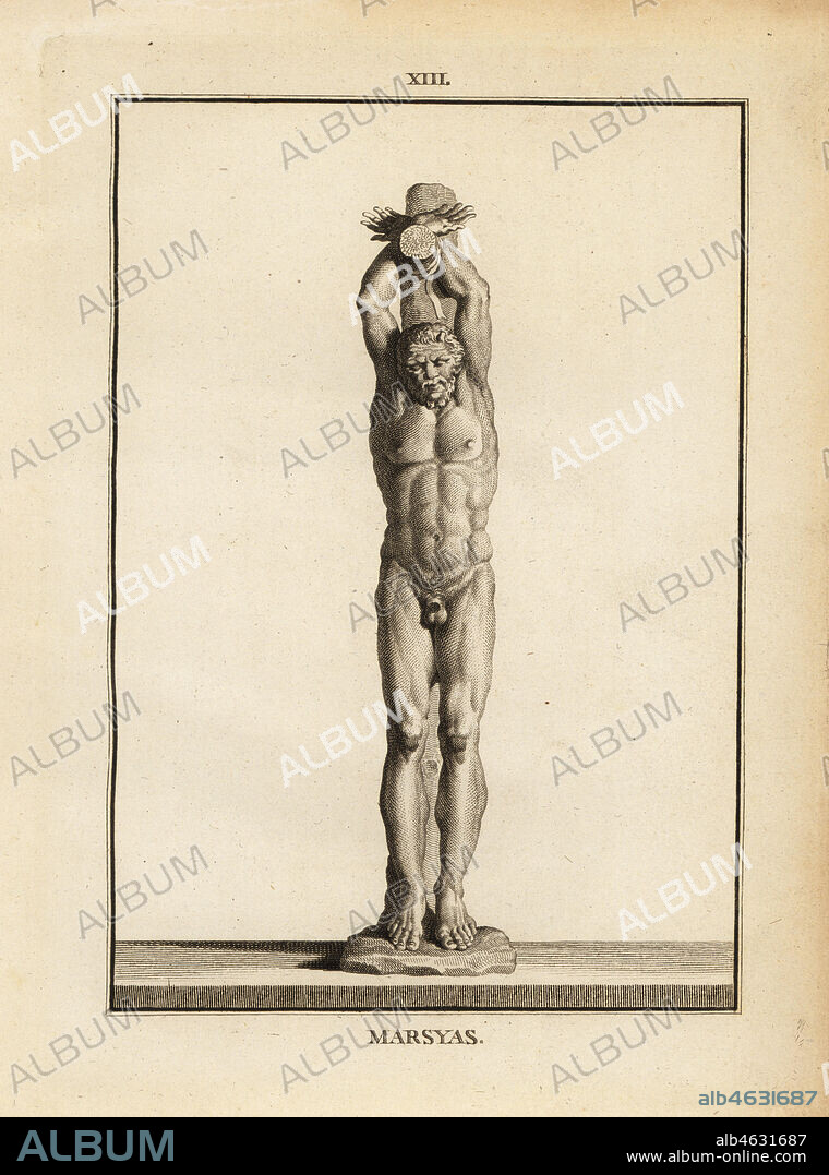 Statue of the satyr Marsyas receiving Apollo's punishment, flayed alive. Copperplate engraving by Francois-Anne David from Museum de Florence, ou Collection des Pierres Gravees, Statues, Medailles, Chez F.A. David, Paris, 1787. David (1741-1824) drew and engraved the illustrations based on Roman statues, engraved stones and medals in the collection of the Museum de Florence and the cabinet of curiosities of the Grand Duke of Tuscany.