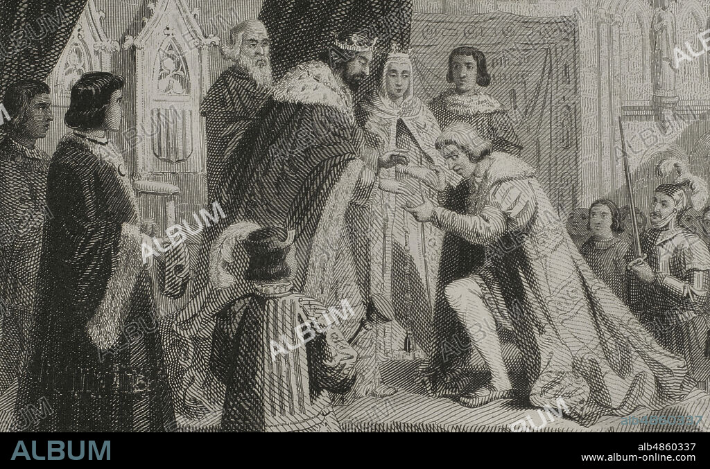 Cristóbal Colón (1451-1506) se presenta ante los Reyes Católicos, Fernando II de Aragón e Isabel I de Castilla. Ilustración por Urrabieta. Grabado por Roca. Historia de Cataluña y de la Corona de Aragón, por Victor Balaguer. Barcelona,1862.