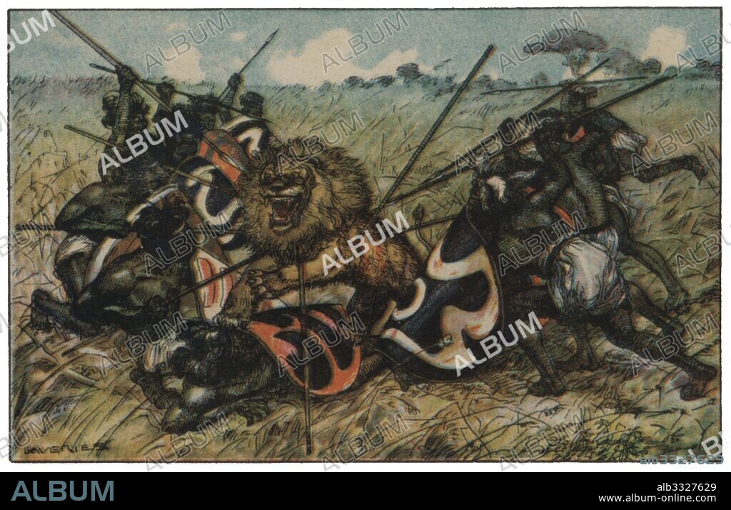 JOAN LLAVERIAS I LABRÓ. El hombre y las fieras. Cacerías y pescas primitivas. Caza del león africano por un grupo de indígenas armados con lanzas y protegidos por escudos de cuero. Cromo de Chocolates Eduardo Pi. Años 1968.