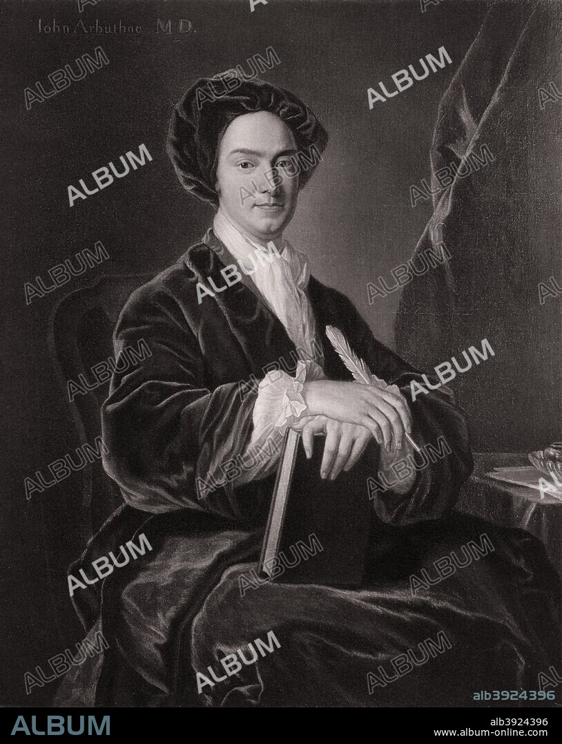 John Arbuthnot, Scottish physician, satirist, mathematician and polymath (1906). Arbuthnot (1667-1735) was the inventor of the figure of John Bull. In 1702 he successfully treated Queen Anne's husband, Prince George of Denmark, at Epsom after he was taken ill. From the original painting by Charles Jervas, in the collection of the Royal College of Physicians. A print from Queen Anne, by Herbert Paul, Goupil and Co, London, 1906.