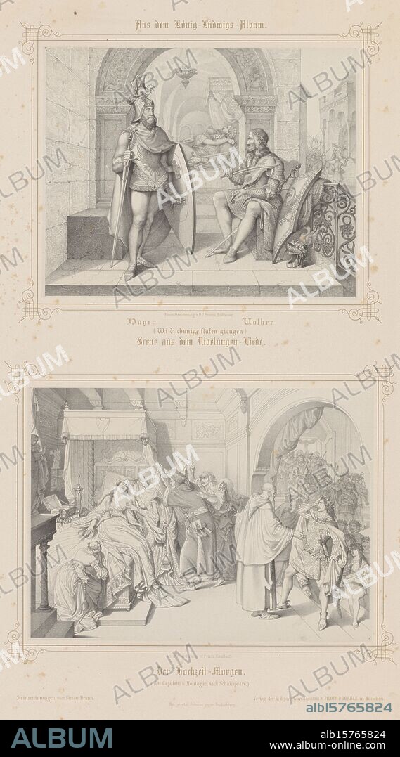 Two courtly scenes with knight and damsel, Dagen uolher (...) Scene aus dem Nibelüngen-Liede (title on object), Der Hochzeit-Morgen (title on object), Album presented to Louis I of Bavaria (series title), König -Ludwig's Album (series title on object), print, print maker: Simon Braun, (mentioned on object), after drawing by: O.J. Entres, (mentioned on object), after drawing by: Friedrich Kaulbach, (mentioned on object), München, 1850 - 1859, paper, height, 595 mm × width, 441 mm.