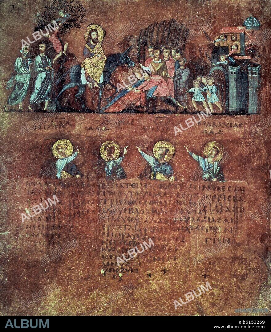 CODEX PURPUREO ROSSANO - ENTRADA DE JESUS EN JERUSALEN - MINIATURA DEL EVANGELARIO SIRIACO - SIGLO VI.