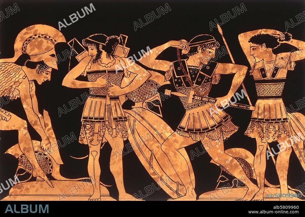 nach: Griechische Vasenmalerei, rotfigurig, 5. Jahrhundert v. Chr. Hopliten beim Anlegen der Rüstung. Außenbild einer Schale. Antikensammlung, Wien Kunsthistorisches Museum. Aquarell, undat., von Peter Connolly (1935-2012).