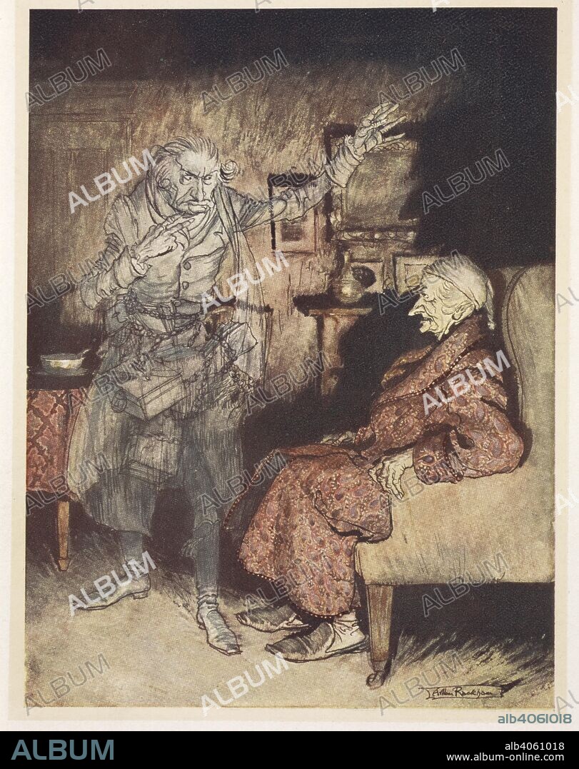 CHARLES DICKENS. Illustration of Scrooge with the Ghost of Christmas Past. A Christmas Carol ... Illustrated by Arthur Rackham. London; J. B. Lippincott Co. Philadelphia : Wiiliam Heinemann, 1915. "How now?" said Scrooge, caustic and cold as ever. "What do you want with me?". Source: 012622.g.37. frontispiece.