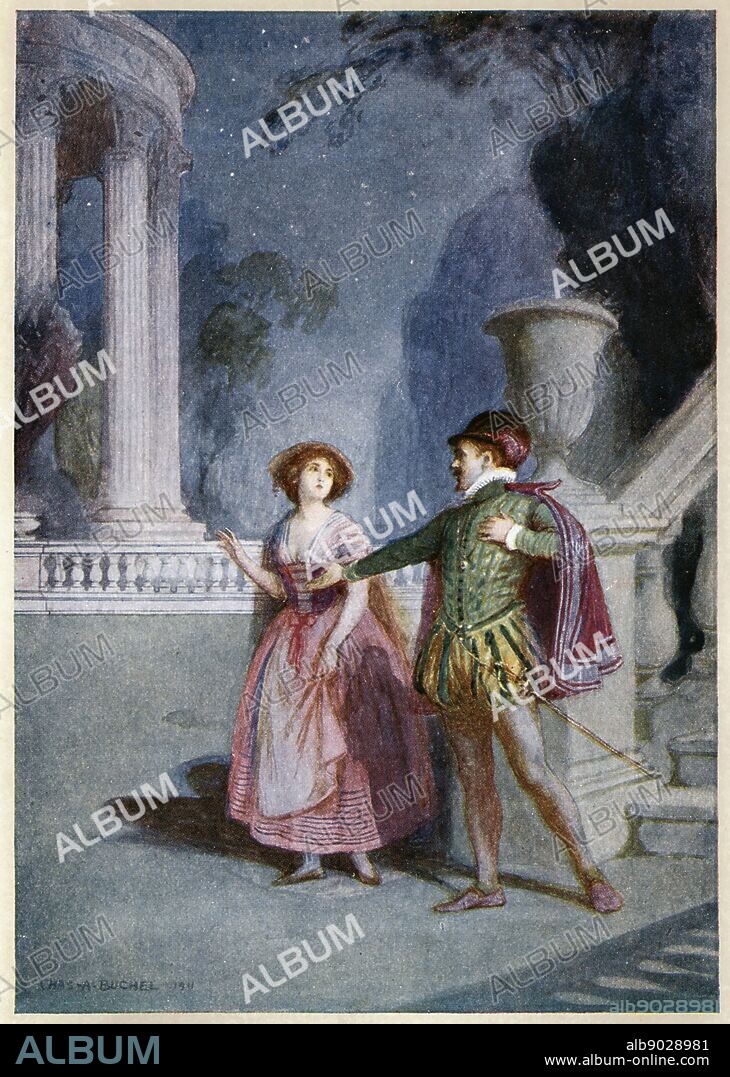 Scene from Mozart's opera 'Don Giovanni' 1787 (c1914). Opera by Wolfgang Amadeus Mozart (1756-1791), Austrian composer, first performed in Prague in 1787. The libretto by Lorenzo Da Ponte (1749-1838) was based on Moliere's play of 1665 'Don Juan, ou le festin de Pierre' ('Don Juan, or the Stone Banquet'). Here Don Giovanni is attempting to seduce Zerlina, a country girl to whom he sings 'Give me thy hand, oh fairest' ('La ci darem la mano'). From 'A Day With Wolfgang Amadeus Mozart' by May Byron. (London, c1914).