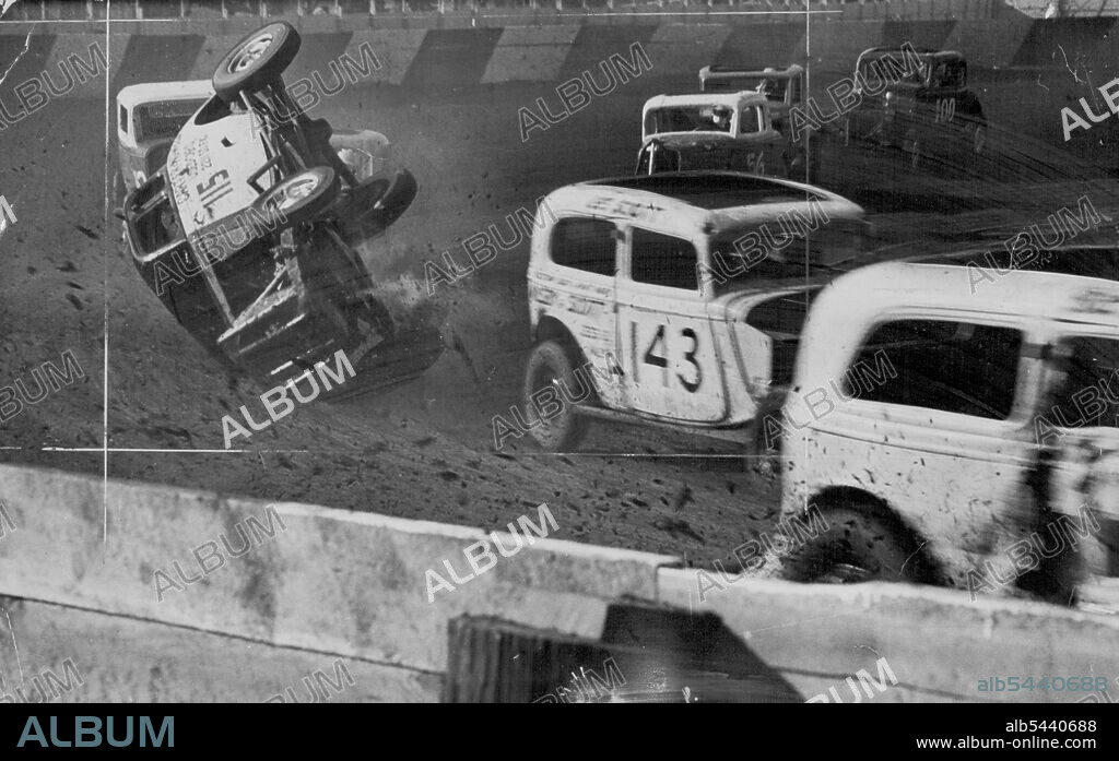 Jalopy Derby -- Culver City, California, now offers racing from the thrills of a Jalopy Derby where a dirt track, ***** turn up by midget cars or motorcycles, now is the scene of a terrific shown each Sunday. Skilled drivers twist and jump over the rough road, sprinting for short stretches at over 70 miles an hour. To most, the ***** to win in competition is the main attraction. Over 100 men from the Jalopy Derby Association with rules and regulations. They share the gate receipts with the race.