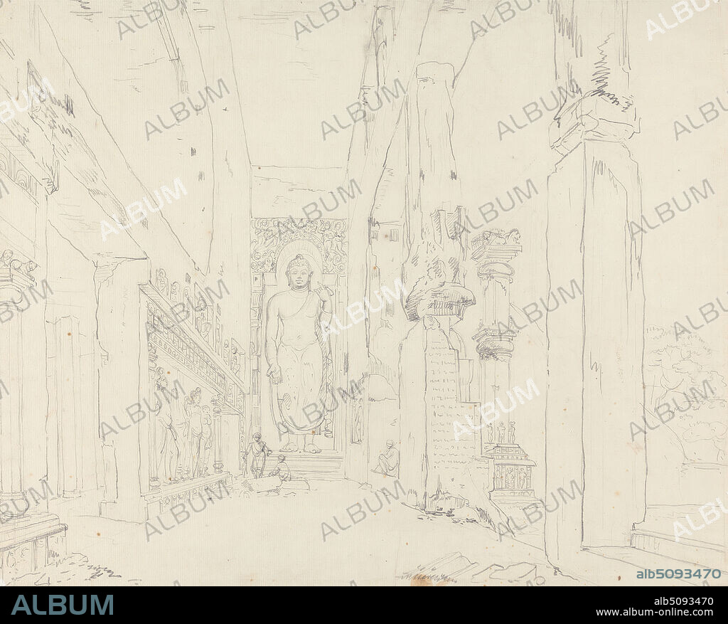 An Excavated Temple on the Island of Salsette: The Great Chaitya Temple (Cave 3), Kanheri, Thomas Daniell, 17491840, British, active in India, William Daniell, 17691837, British, July 1795, Graphite on medium, moderately textured, blued white, laid paper, mounted on, moderately thick, moderately textured, cream, wove paper, Mount: 17 13/16 × 20 5/16 inches (45.2 × 51.6 cm), Contemporary drawn border: 15 3/4 × 19 5/16 inches (40 × 49.1 cm), and Sheet: 15 1/16 × 18 5/8 inches (38.3 × 47.3 cm), architectural subject, religious and mythological subject, Kanheri Caves.