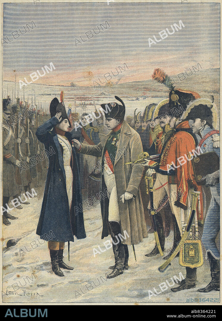 Periódico ilustrado Le Petit Journal, editado en París, septiembre de 1894. Heroína francesa. La subteniente Marie Schellinck (1757-1840), belga, es condecorada por el emperador Napoleón por su conducta heróica en la revolución francesa.