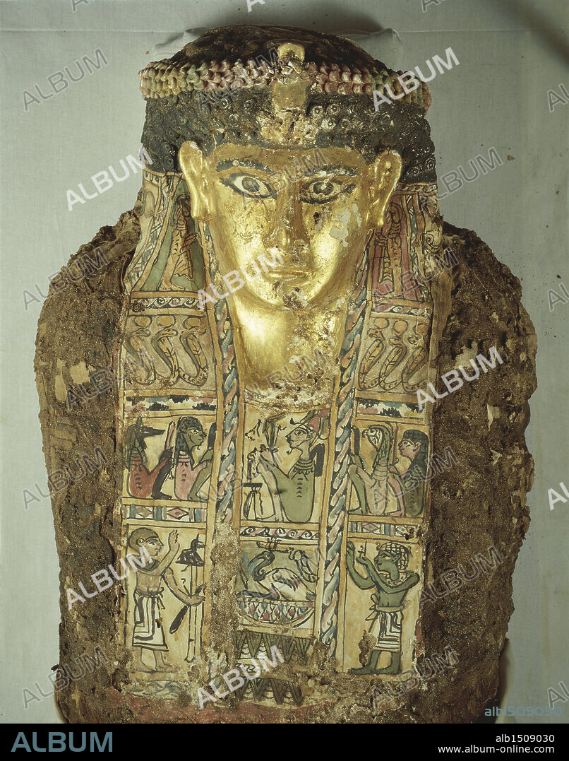 Egyptian civilization, 1st-2nd century A.D. Mummy of a man with a painted mask. From Baharia (Giza), Valley of the Golden Mummies. Tomb 54.