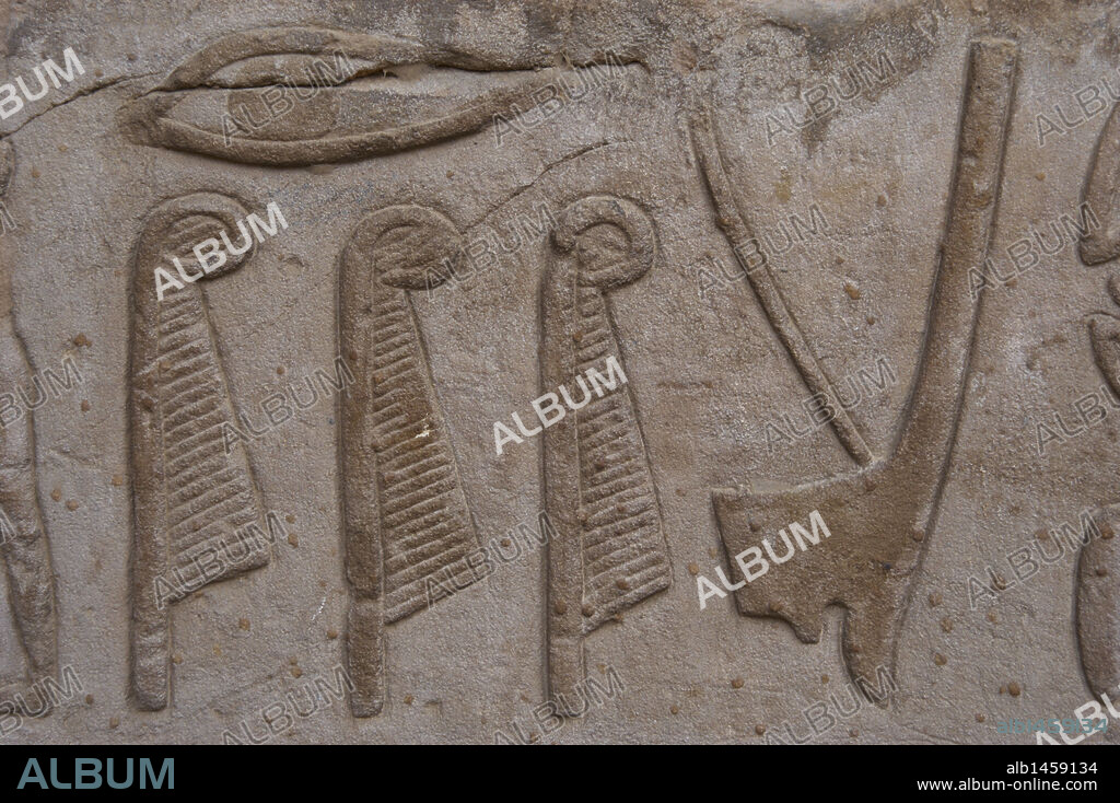 ARTE EGIPCIO. EGIPTO. RELIEVES con signos JEROGLIFICOS EGIPCIOS donde aparecen representados plumas de avestruz y la corona del Bajo Egipto. Muros del Templo de Horus en EDFU. Norte de Africa.