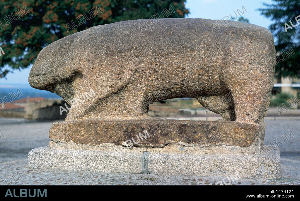 ARTE CELTA. ESPAÑA. CULTURA DE LOS VERRACOS (ss. IV-III a. C.). Parte de la Meseta Norte formaba el núcleo que ocupaba el pueblo de los VETONES y VACCEOS. VERRACO de granito fechado en la Segunda Edad del Hierro. Situado en la Plaza del Castillo. CIUDAD RODRIGO. Provincia de Salamanca. Castilla-León.