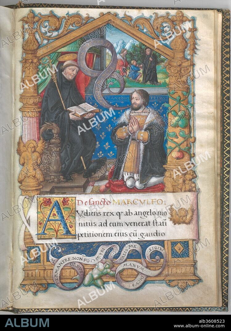 Hours of Francis I. Culture: French, Paris or Tours. Dimensions: Overall, bound dimensions, confirmed: 8 3/16 x 5 3/4 x 1 1/2 in. (20.8 x 14.6 x 3.8 cm)
Approximate dimensions of book in book cradle support:: 9 1/2 × 11 1/2 × 9 in. (24.1 × 29.2 × 22.9 cm). Maker: Master of François de Rohan (French, Paris, active ca. 1525-1546). Date: 1539-40.
This is the only extant fully illuminated Book of Hours made for King Francis I (1494-1547, ruled from 1515). The eighteen illuminations in this devotional book feature the Gospels and various scenes from the lives of Christ and Mary. The most unusual miniature represents King Francis I kneeling before Saint Marcoulfe. By tradition, French kings venerated the saint's relics at Corbeny and were then empowered to heal those sick with the skin disease scrofula, called the "king's evil". With strong, bright colors and clearly defined compositions the so-called Master of François de Rohan painted the illuminations; the script is likely to be by Jean Mallard. To prevent light damage a different page will be revealed every few months.