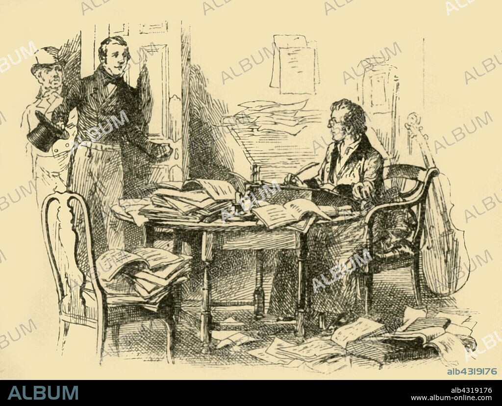'They found Schubert hard at work', (1907). In 1817, Franz Schober takes Johann Vogl, a famous opera singer in Vienna, to meet his friend the young composer Schubert: 'On reaching the lodgings...they had found Schubert hard at work as usual, and the floor as well as the table strewn with sheets of music-paper...Schubert was overwhelmed by confusion, and had nothing to say in his own behalf. Vogl thereupon took up several of the songs, humming them to himself as he went along, and Schober, watching him intently, saw his interest deepen, until at length, despite his great experience as a singer, he was evidently impressed by what he read. When he left he shook Schubert's hand warmly, and said: 'There is stuff in you, but you squander your fine thoughts instead of making the most of them.' An episode from the life of Austrian composer Franz Schubert (1797-1828). From "Story-Lives of Great Musicians", by F.J. Rowbotham. [Wells Gardner, Darton & Co. Ltd, London, 1907].