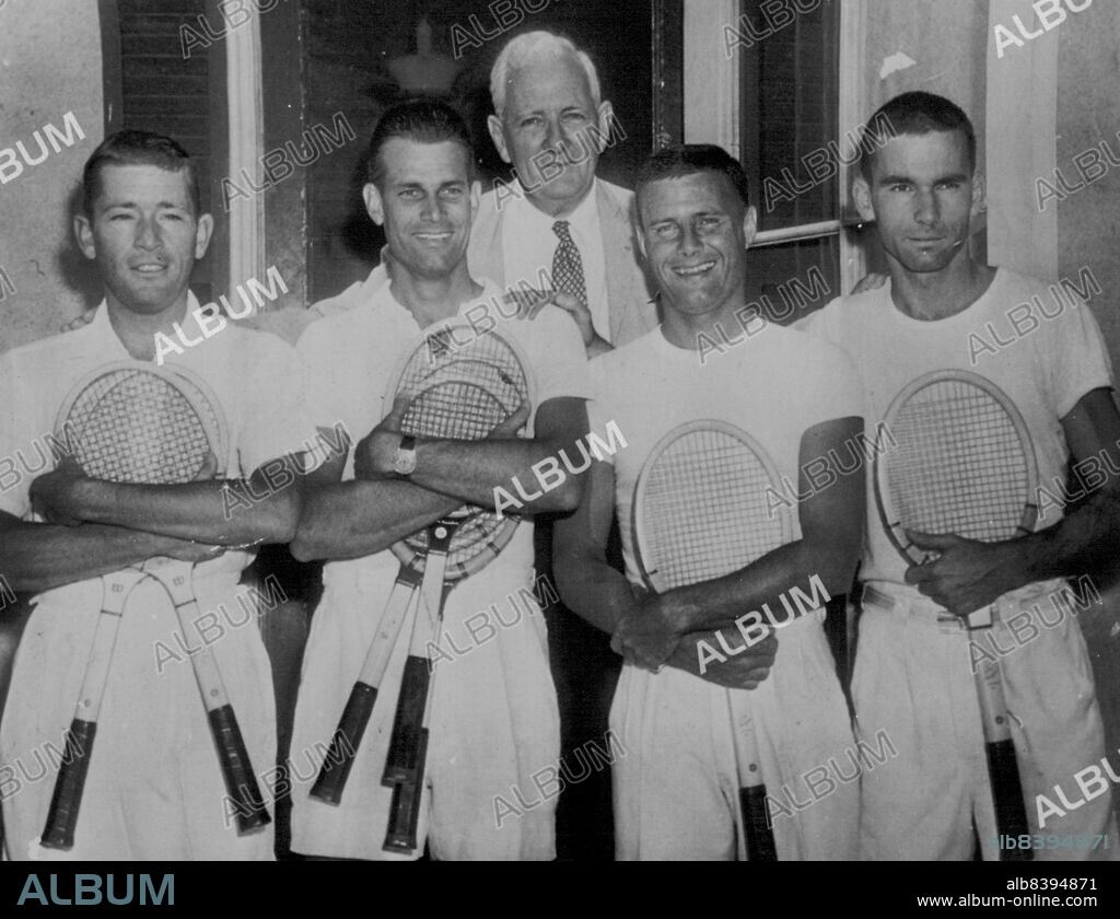 1950 U.S. Davis Cup Team -- Members of the 1950 U.S. Davis Cup team with their non-playing captain Alrick H. Man Jr. (center) at the Longwood Cricket Club today, during the National Doubles tennis tourney. Left to right: Bill Talbert, New York; Gardnar Mulloy, Miami, Fla.; Man; Ted Schroeder, LaCrescenta.Calif., and Tom Brown from San Francisco. August 15, 1950. (Photo by AP Wirephoto).