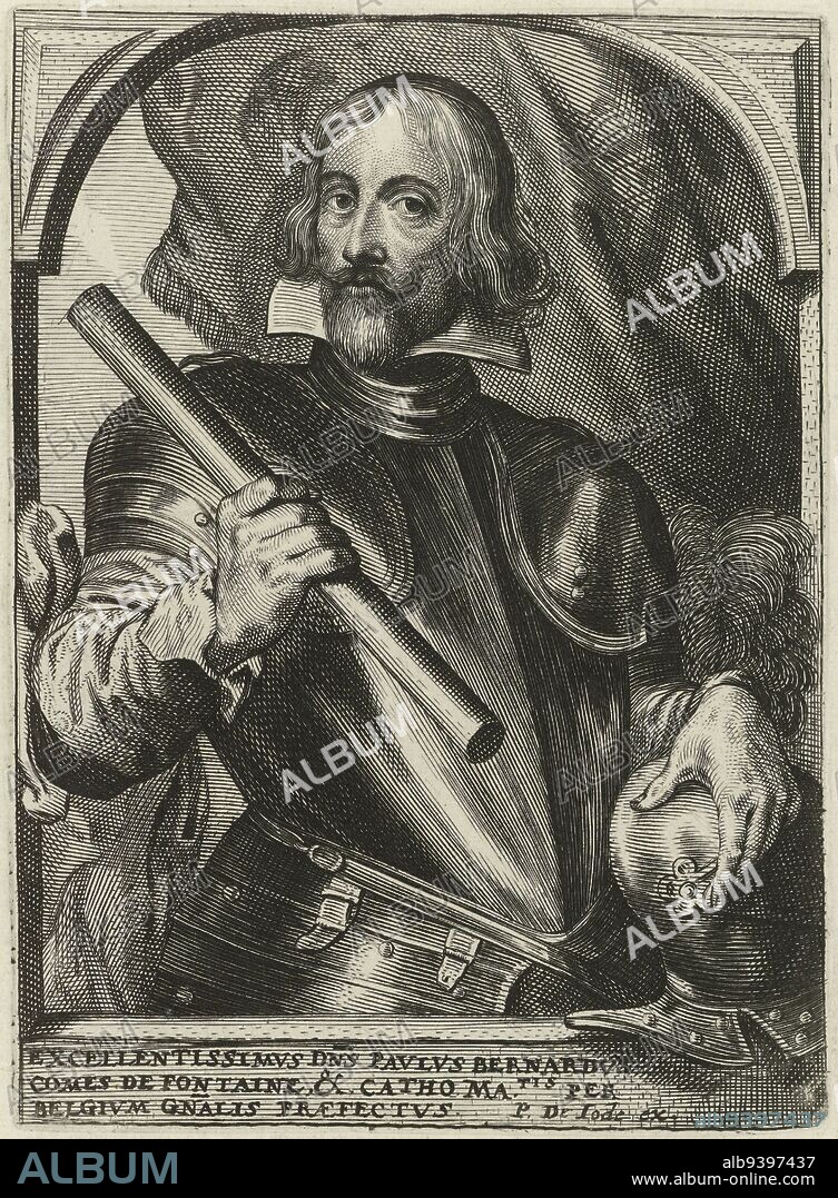 Portrait of Paul-Bernard de Fontaine, in the half-calf. He is wearing armor. In his right hand he holds a command staff and his left hand leans on his helmet. The portrait is framed in an arched frame with a three-line caption in Latin, Portrait of Paul-Bernard de Fontaine Theater of Bishops, Emperors, Kings, Dukes, Princes, etc. Theatrum pontificum, imperatorum, regum, ducum, principum, etc. , publisher: Pieter de Jode (II), (mentioned on object), print maker: anonymous, Antwerp, 1628 - 1670, paper, etching, engraving, h 154 mm × w 112 mm.