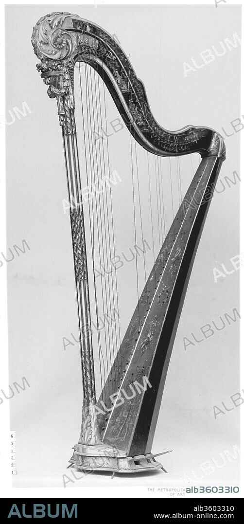 Pedal Harp. Culture: French. Dimensions: H. 156.5 cm (61 5/8 in.); Pillar length. 135.5 cm (53 3/8 in); Soundboard resonating length. 114 cm (44 7/8 in.); Soundboard greatest width 33 cm (13 in.); Strings sounding length: longest (approx.) 142 cm (55 7/8 in.), shortest 10 cm (3 15/16 in.); c2 30.5 cm (12 in.). Manufacturer: Renault & Chatelain. Date: second half 18th century.