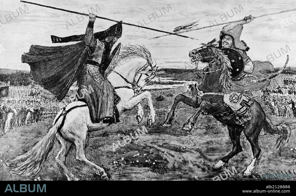 A depiction of a battle between a russian monk, alexander peresvet, and mongol chief temir-murza (also known as chelubey or cheli-bey) at kulikovo in 1380, picture by victor vasnetsov. 01/02/2013