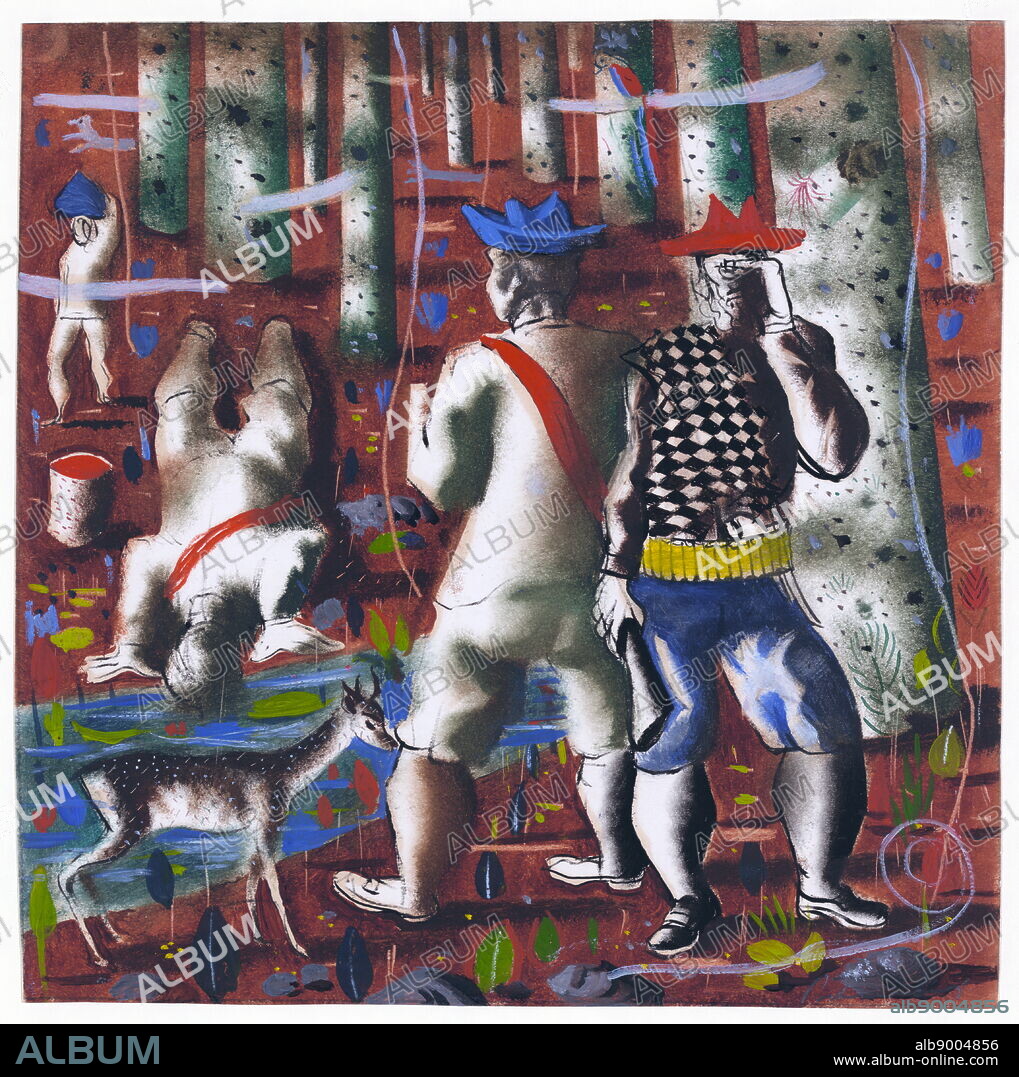 CANDIDO PORTINARI. Preparatory drawing for 'Entry into the forest' mural at the Hispanic Division in the Library of Congress. Washington DC. By Cândido Portinari, 1903-1962, artist 1941. drawing in pastel, gouache and ink. Drawing shows four men, one drinking from stream, in a forest with a small deer.