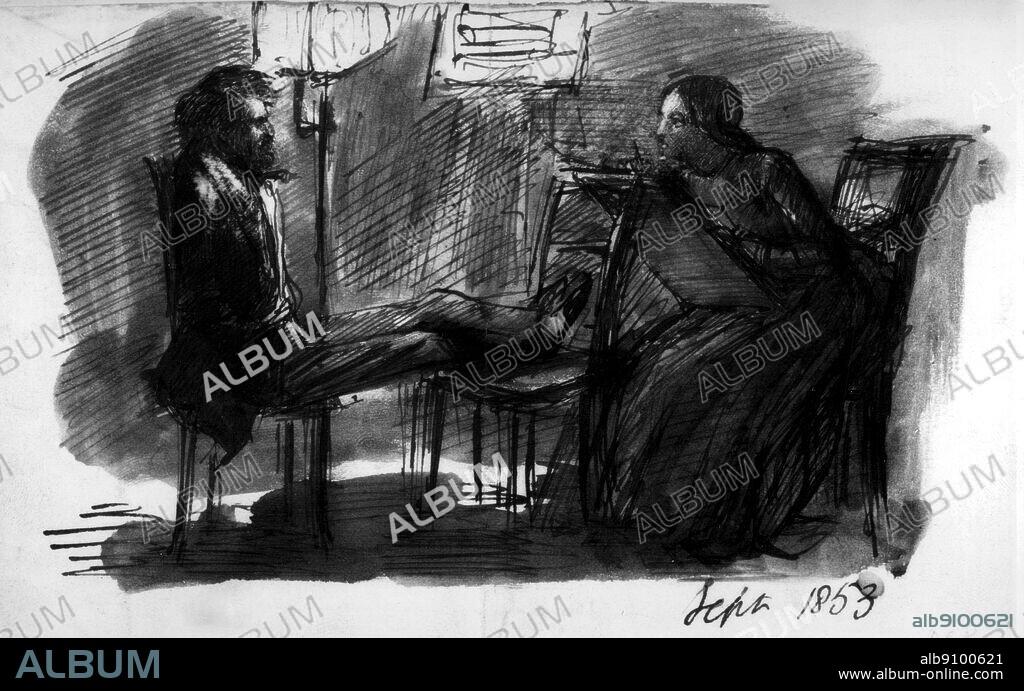 D G Rossetti. Self portrait sketch, sitting to Elizabeth Siddal. September 1853. Rossetti, Dante Gabriel (orig. Gabriel Charles Dante Rossetti) English painter and poet; co-founder of Pre-Raphaelite movement 1848; brother of Christina Rossetti _1828-1882.