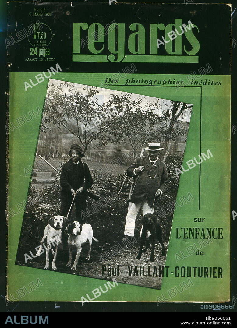 Front cover of the Communist magazine 'Regards; Featuring the novel Enfance' by Paul Vaillant-Couturier (1892-1937). Photograph of a man and a woman holding a dog on a lead.