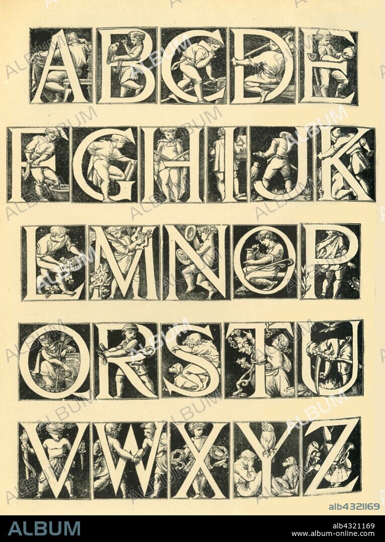 Alphabet design for tiles, 1864, (1881). Alphabet with figures, designed by Godfrey Sykes for tiles in the South Kensington Museum's Centre Refreshment Room and Ceramic Gallery. Woodcut after a pen drawing by Godfrey Sykes. From "The South Kensington Museum", a book of engraved illustrations, with descriptions, of the works of art in the collection of the Victoria & Albert Museum in London (formerly known as the South Kensington Museum). [Sampson Low, Marston, Searle and Rivington, London, 1881].