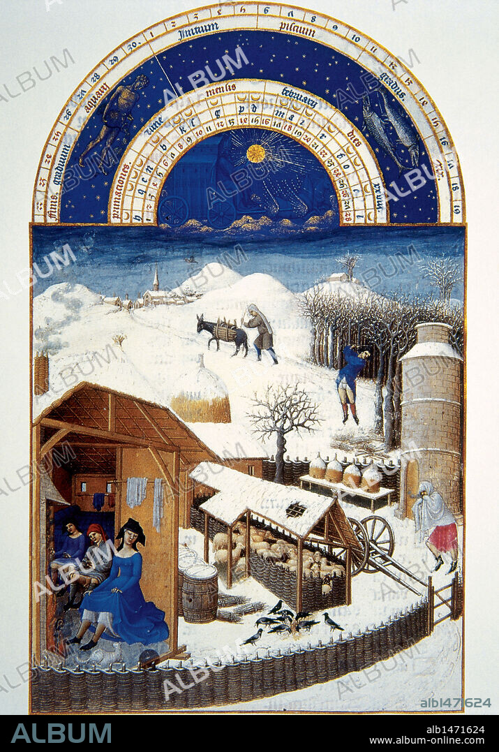 LIMBOURG BROTHERS. VIDA DEL CAMPESINO DURANTE LA EDAD MEDIA. "TAREAS DURANTE EL FRIO INVIERNO". Miniatura de 'Les Très Riches Heures du Duc de Berry' (Las muy ricas horas del Duque de Berry). S. XV. Castillo de Chantilly. Francia.