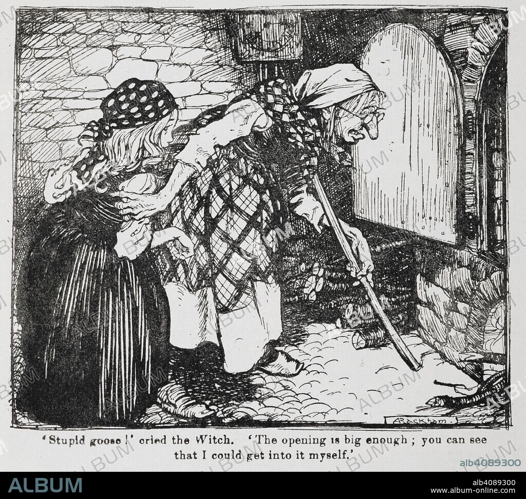 ARTHUR RACKHAM y JACOB Y WILHELM GRIMM. Grethel and the old witch by the oven from Hansel and Grethel. Grimm's Fairy Tales. Illustrated by Arthur Rackham. London : William Heinemann, [1925]. '"Stupid goose!" cried the witch. "The opening is big enough; you can see that I could get in myself!"'. Source: 12410.r.7. page 107.