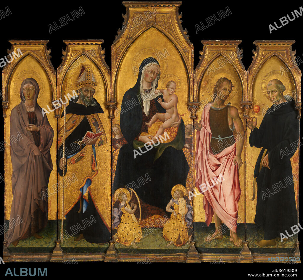 Madonna and Child with Saints. Artist: Giovanni di Paolo (Giovanni di Paolo di Grazia) (Italian, Siena 1398-1482 Siena). Dimensions: Central panel 82 3/4 x 25 7/8 in. (210.2 x 65.7 cm); left panels 70 7/8 x 16 7/8 in. (180 x 42.9 cm), 70 7/8 x 16 3/4 in. (180 x 42.5 cm); right panels 70 7/8 x 16 7/8 in. (180 x 42.9 cm), 70 7/8 x 16 3/4 in. (180 x 42.5 cm). Date: 1454.
This multi-panel altarpiece (polyptych) was painted to decorate a chapel in a church belonging to the Augustinian order, possibly in Cortona. Saint Nicholas of Tolentino was canonized in 1446 and wears the Augustinian habit. The altarpiece would have been completed with five pinnacles showing the evangelists and Christ, a base (predella) showing the history of Saint John the Baptist, and pilasters with small figures of saints. The archaizing style, with highly stylized figures on a gold background, is indicative of Giovanni di Paolo's preference for the work of his great fourteenth-century forebears. For more information about this painting, including a reconstruction of the altarpiece, visit metmuseum.org.
