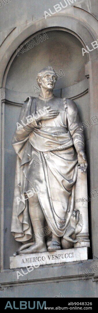 Statue located outside of the Uffizi museum in Florence, Italy. One of the oldest art museums in the Western World. Semi enclosed figurative statues such as this appear all over Florence. Statue of Amerigo Vespucci, the Italian explorer who demonstrated that the 'New World' was an undiscovered country, not Asia as had been assumed. America's namesake.