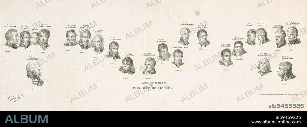 Legend of the portraits of ministers at the Congress of Vienna, 1815, Noms des Ministres du Congrès de Vienne, an 1815, Key to a print after Isabey's painting of the delegates of the principal magistrates at the Congress of Vienna, 1815. Heads of delegates by name and country., print maker: anonymous, after painting by: Jean Baptiste Isabey, (mentioned on object), printer: Gottfried Engelmann, (mentioned on object), France, 1815 - 1820, paper, height 281 mm × width 730 mm.