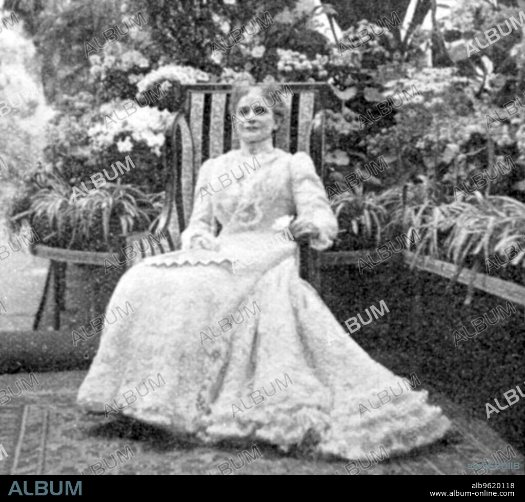 Ida Saxton McKinley, wife of President William McKinley, c1901. Ida Saxton (1847-1907) married William McKinley (1843-1901), 25th President of the USA, in 1871. The couple had two daughters, but one died in infancy and the second from typhoid fever in 1873. The shock of losing two children caused Mrs McKinley to have a mental breakdown and for the rest of her life she suffered from epilepsy and periods of depression. By the time her husband became President in 1896, Mrs McKinley was a semi-invalid and, in public, always appeared seated. She is seen here in the conservatory of the White House at Washington. From The Sphere. (London, 14 September 1901).