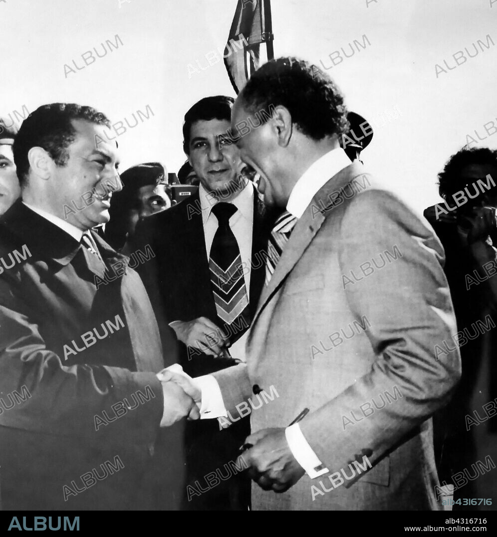 Vice President of Egypt, Hosni Mubarak with Anwar Sadat , President of Egypt, from 1970 until his assassination by fundamentalist army officers on 6 October 1981. Sadat was a senior member of the Free Officers who overthrew King Farouk in the Egyptian Revolution of 1952, and a close confidant of President Gamal Abdel Nasser, under whom he served as Vice President twice and whom he succeeded as President in 1970.