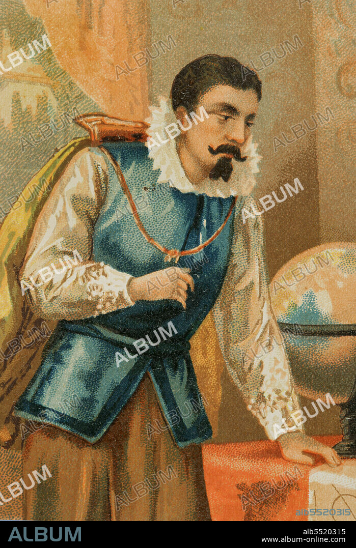 Johannes Kepler (1571-1630). Astrónomo y matemático alemán. Kepler en el observatorio de Praga. Cromolitografía, detalle. Historia Universal, por César Cantú. Tomo VIII. Publicado en Barcelona, 1886.